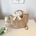 Handwoven straw shoulder bag with white lace bow and drawstring liner in natural brown - Khaki Medium