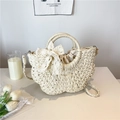 Chic cream white woven straw beach bag with elegant lace bow and drawstring lining - Beige Medium