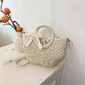Cream semi-circular straw woven bag with lace bow decoration and crossbody strap - Beige White Small