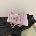 Pink baguette shoulder bag with silver bow buckle and metal chain strap for women - Purple