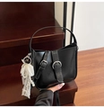 Minimalist black PU leather hobo bag with silver buckle and pearl lace pendant - Black with Pendant