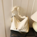 Cream white pleated tote bag with vibrant yellow crossbody strap and mini charm pouch - White