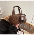 Vintage brown glossy crossbody bag with retro double handles and utility pockets - Brown