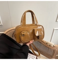 Vintage caramel Boston bag with dual front pockets and detachable long shoulder strap - Brown