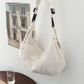 Sac bandoulière minimaliste en toile à carreaux beige avec large sangle réglable - Blanc