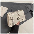 Detailed macro view of off-white leather handbag with silver buckles and chain strap - White