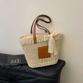 Sac fourre-tout en paille tressée blanc crème avec lanières en cuir et nœud dentelle - Blanc Cassé