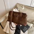 Minimalist chocolate brown shoulder bag with decorative leather strap and metal buckle - No Pendant / Brown