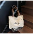 Sac cabas en toile blanc cassé avec anses en cuir marron et poche frontale - Gris Beige