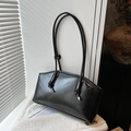 Glossy black underarm tote bag with knot straps and silver metal tips on knit fabric - Black