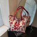 Borsa tote in tela bianca con motivi floreali rossi e simbolo della doppia felicità - Rosso Vino 1