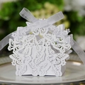 Detail of laser-cut butterfly wedding favor box with white ribbon on a ceramic plate - Fine Hollow Butterfly Style (XTH-52)