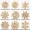 Set of 9 laser-cut wooden snowflake coasters with heat-resistant natural wood finish - Snowflake Style Mix (木垫-2-10)