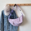 Light purple crossbody dumpling bag with letter embroidery and wide canvas strap - Small / Purple