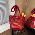 Handmade red crochet hollow tote bag in thick cotton cord for summer beach vacation - Red