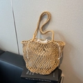 Beige hollow knit tote bag with drawstring inner pouch for summer beach vacations - Khaki