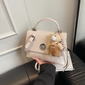 Creamy white vintage crossbody messenger bag with a cute bear charm and metal clasp - White (With Charm)