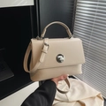 Structured cream messenger bag with silver twist lock and adjustable shoulder strap - Beige (No Pendant)