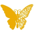 Detailed close-up of hollow yellow butterfly place card with intricate laser-cut floral patterns - Gold