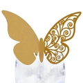 Detail showing a gold butterfly place card for wine glasses with laser-cut hollow patterns - Gold