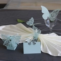 Laser-cut light blue butterfly favor box and matching place cards for wedding table settings - Candy Box + Place Card + Cup Card + Napkin Ring + Wall Decal / Pearl Pale Blue