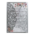 Detailed laser-cut silver lace wedding invitation cover with elegant pink floral inner card - Silver Grey
