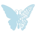 Detail of light blue laser-cut butterfly place card with elegant scrollwork patterns - Pearl Pale Blue