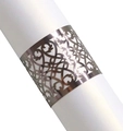 Close-up of laser-cut floral napkin ring in silver finish with intricate hollow details - Mirror Grey