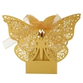 Macro detail of laser-cut rose patterns on golden butterfly-shaped wedding candy box - Gold
