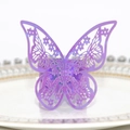 Détail macro du rond de serviette papillon violet découpé au laser sur une assiette blanche - Violet Arc-en-ciel