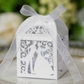 White laser-cut pearl paper wedding candy box with heart silhouette and organza ribbon - Couple Kissing Style (XTH-90)