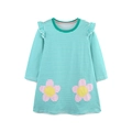 Girls' green striped long sleeve dress with floral patches and ruffle shoulder details - Green-White Stripe(1642) / 2Y(90cm)