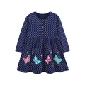 Abito bambina a maniche lunghe blu navy a pois con ricamo a farfalla e bottoni arancioni - 2Y(90cm) / Pois Blu Scuro (1645)