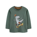 Dark green long sleeve boys' cotton shirt featuring a skateboarding dinosaur cartoon print - 2Y(90cm) / Dark Green (5509)