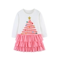 Christmas long sleeve girl dress featuring tree print and pink polka dot tiered skirt - Pink White Patchwork / 2Y(90cm)