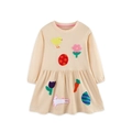 Abito in cotone a maniche lunghe per bambina color albicocca chiaro con ricami colorati - 2Y(90cm) / Albicocca