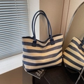 Sac fourre-tout tissé à rayures bleues et blanches avec de grandes anses pratiques - Bleu
