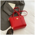 Detail of red bucket bag featuring lychee texture leather and gold metal hardware - Red