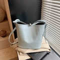 Sky blue litchi pattern leather bucket bag with silver ball clasp and shoulder strap - Blue
