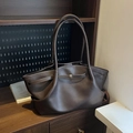 Dark coffee large tote bag featuring side pleats and slim long shoulder straps - Brown