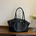 Minimalist black leather tote bag with square metal buckle and long handles - Black