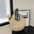 Sac cabas en paille tissé à la main blanc crème avec bordures noires pour la plage - Blanc Cassé