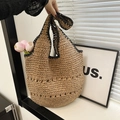 Sac fourre-tout en paille fait main avec détails noirs et grande capacité de plage - Kaki