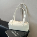 Minimalist creamy white leather boston shoulder bag with metallic zipper and slim straps - White