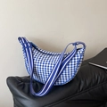 Blue and white gingham crossbody hobo bag with adjustable striped shoulder strap - Blue
