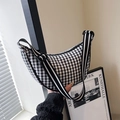 Fashionable black and white checkered crescent crossbody bag with striped strap for daily use - Black