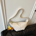 Chic beige crescent bag in pebble leather with a cute elephant charm accessory - Beige (With Charm)