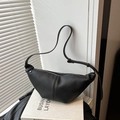Black crescent dumpling bag with litchi grain leather and adjustable shoulder strap - Black