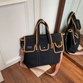 Canvas tote bag with pink wide shoulder strap and brown leather trim accents - Black