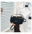 Detail of black leather crossbody bag with gold lock and Fashion & Bags text logo - Black Type 2